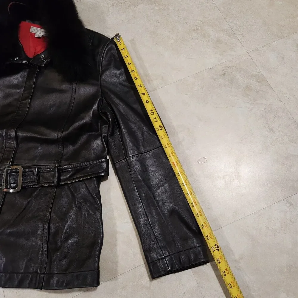 St Saint John Sport Marie Gray Womens L‎ Large Belted Leather Fur Collar Jacket